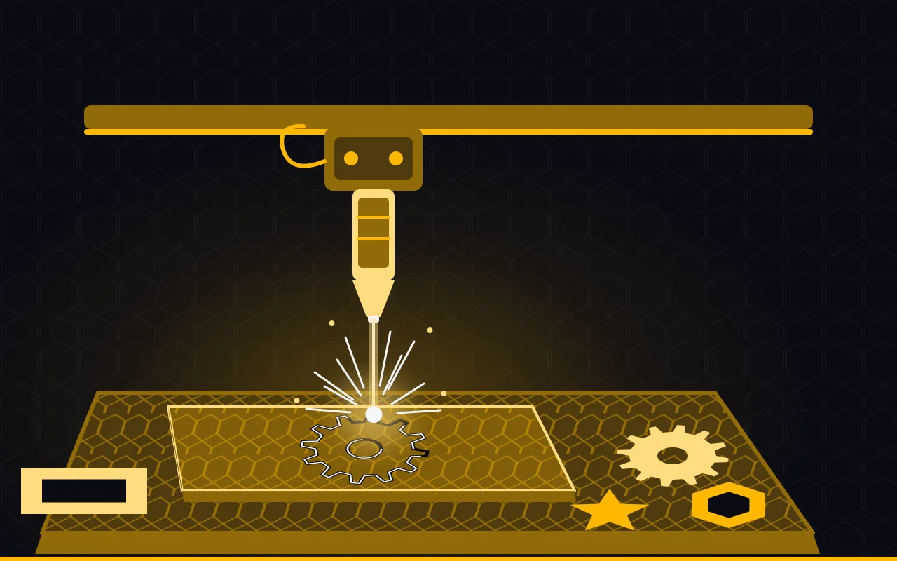 Flat-vector illustration of a laser head cutting a gear out of an acrylic sheet on a honeycomb bed, glowing cut line and sparks, finished cut parts beside it
